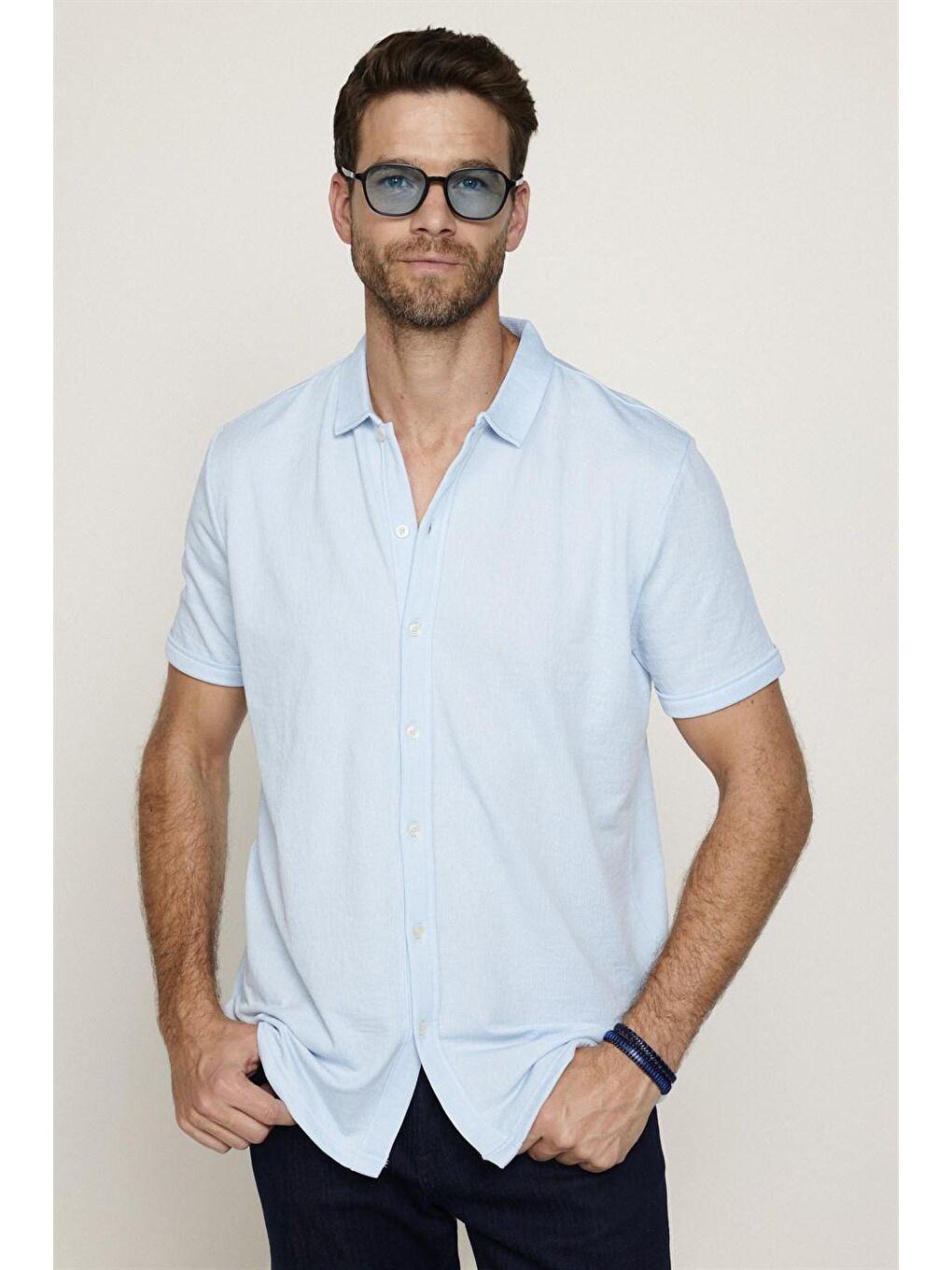 Erkek Slim Fit Kısa Kollu Desenli  Örme Turkuaz Gömlek-1