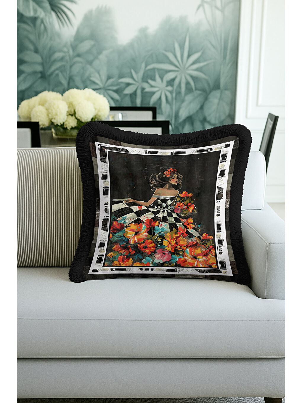 Karışık Sanatsal Figürlü Saçaklı Yastık Kılıfı - Çiçekli Bohem Siyah Altın Renkli Püsküllü Kırlent Kılıfı-2