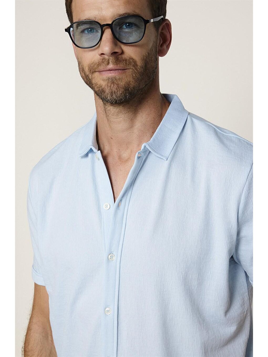 Erkek Slim Fit Kısa Kollu Desenli  Örme Turkuaz Gömlek-2