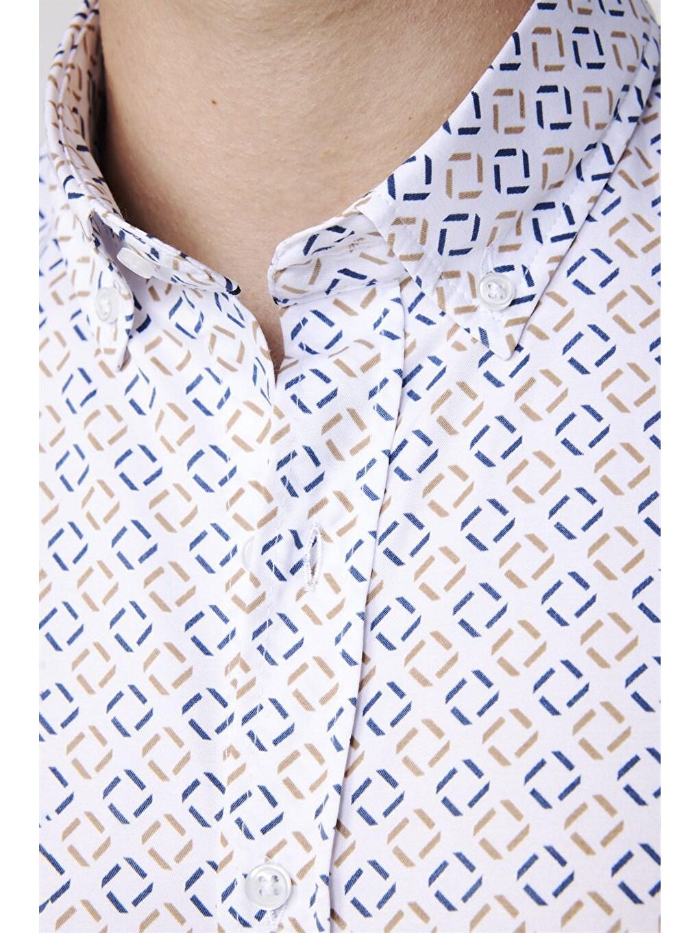 Slim Fit Uzun Kol Baskılı Yaka Biyeli Beyaz Gömlek-3