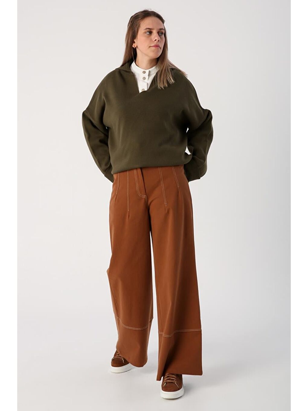 Kahverengi Açık Kahve-Garni Dikişli Geniş Paça Pantolon-1