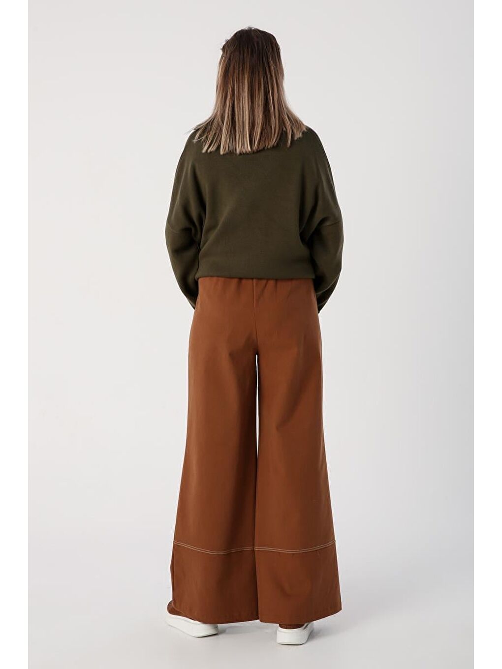 Kahverengi Açık Kahve-Garni Dikişli Geniş Paça Pantolon-2