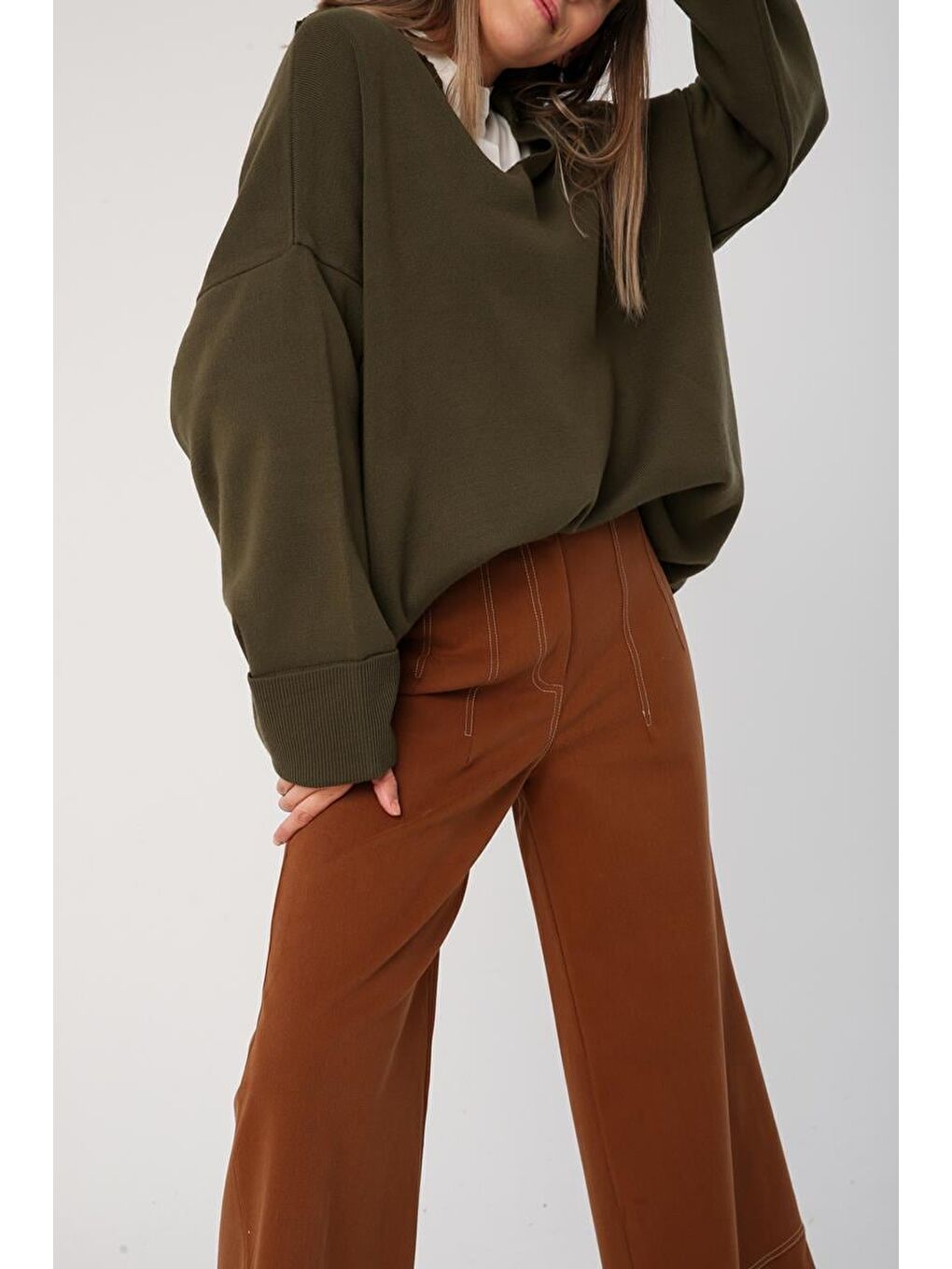 Kahverengi Açık Kahve-Garni Dikişli Geniş Paça Pantolon-3