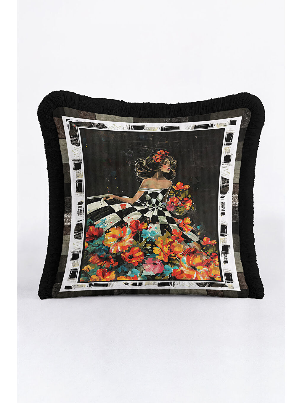 Karışık Sanatsal Figürlü Saçaklı Yastık Kılıfı - Çiçekli Bohem Siyah Altın Renkli Püsküllü Kırlent Kılıfı-4