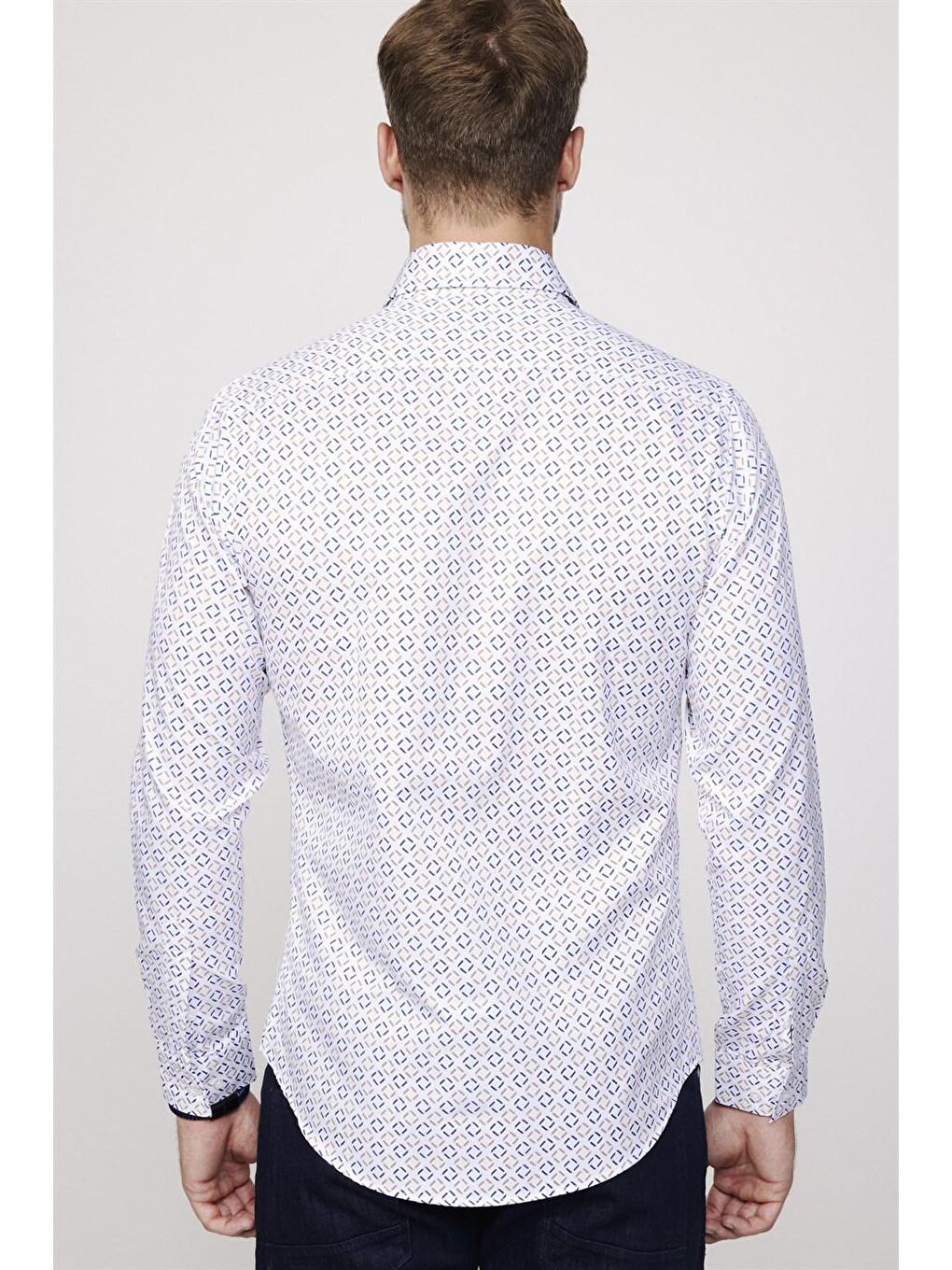 Slim Fit Uzun Kol Baskılı Yaka Biyeli Beyaz Gömlek-4