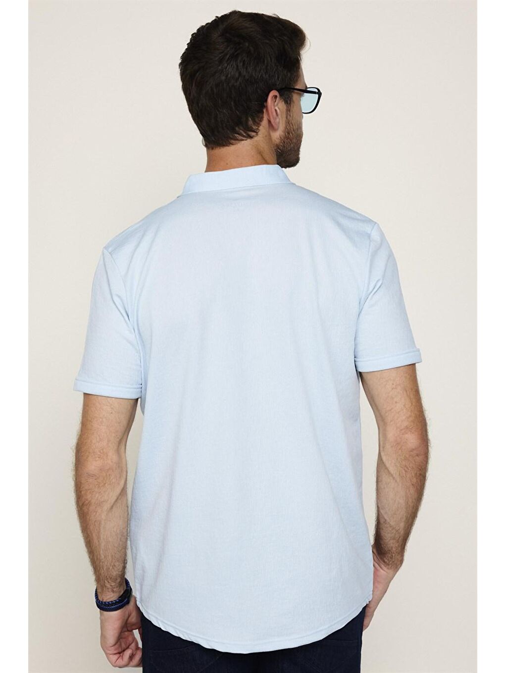 Erkek Slim Fit Kısa Kollu Desenli  Örme Turkuaz Gömlek-4