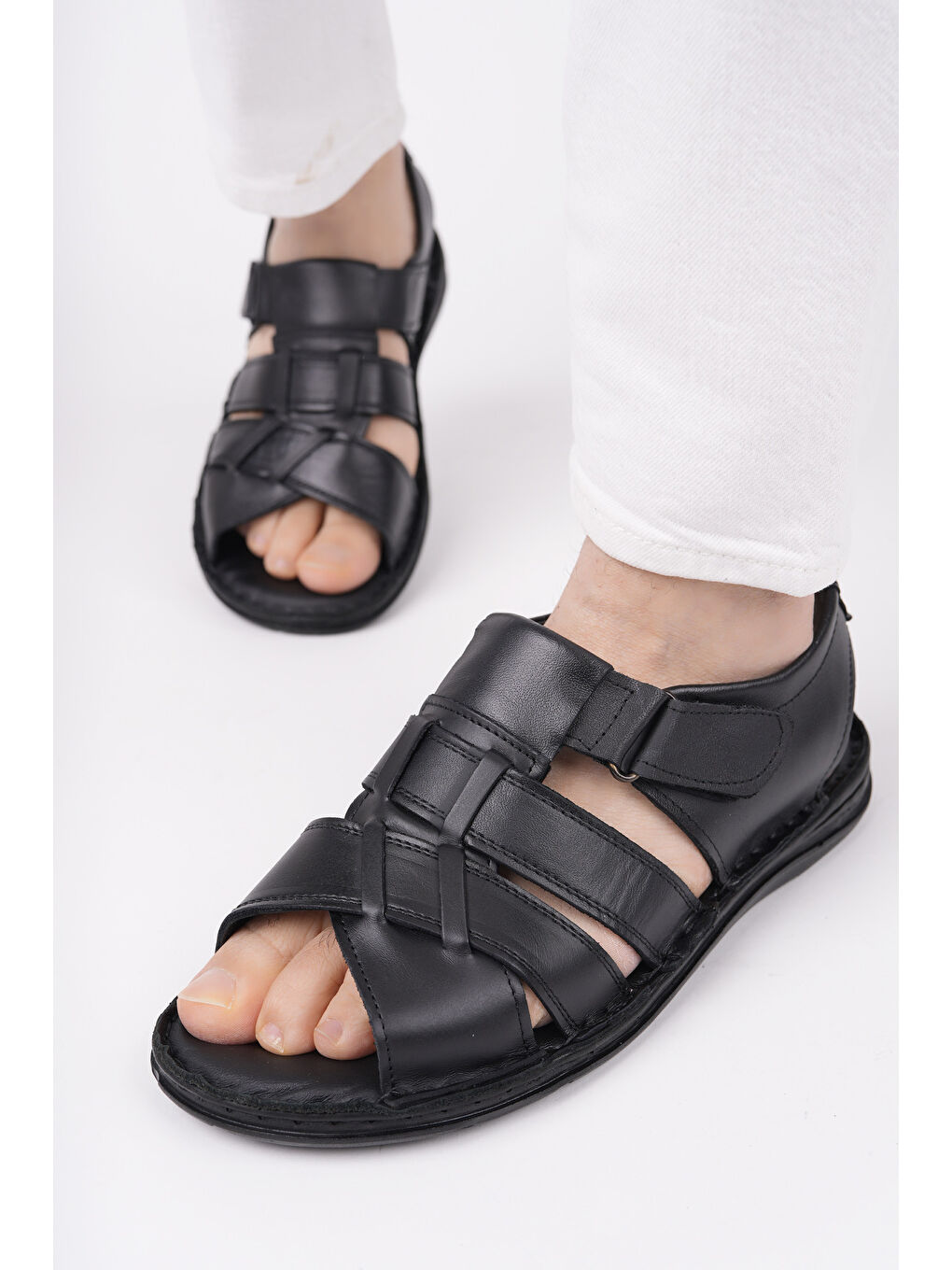 Siyah Charles Erkek Günlük Hakiki Deri Rahat Yumuşak Taban Ortopedik Sandalet