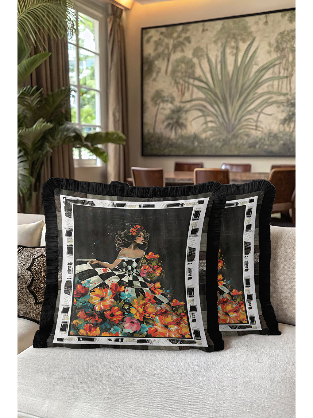 Karışık Sanatsal Figürlü Saçaklı Yastık Kılıfı - Çiçekli Bohem Siyah Altın Renkli Püsküllü Kırlent Kılıfı-5