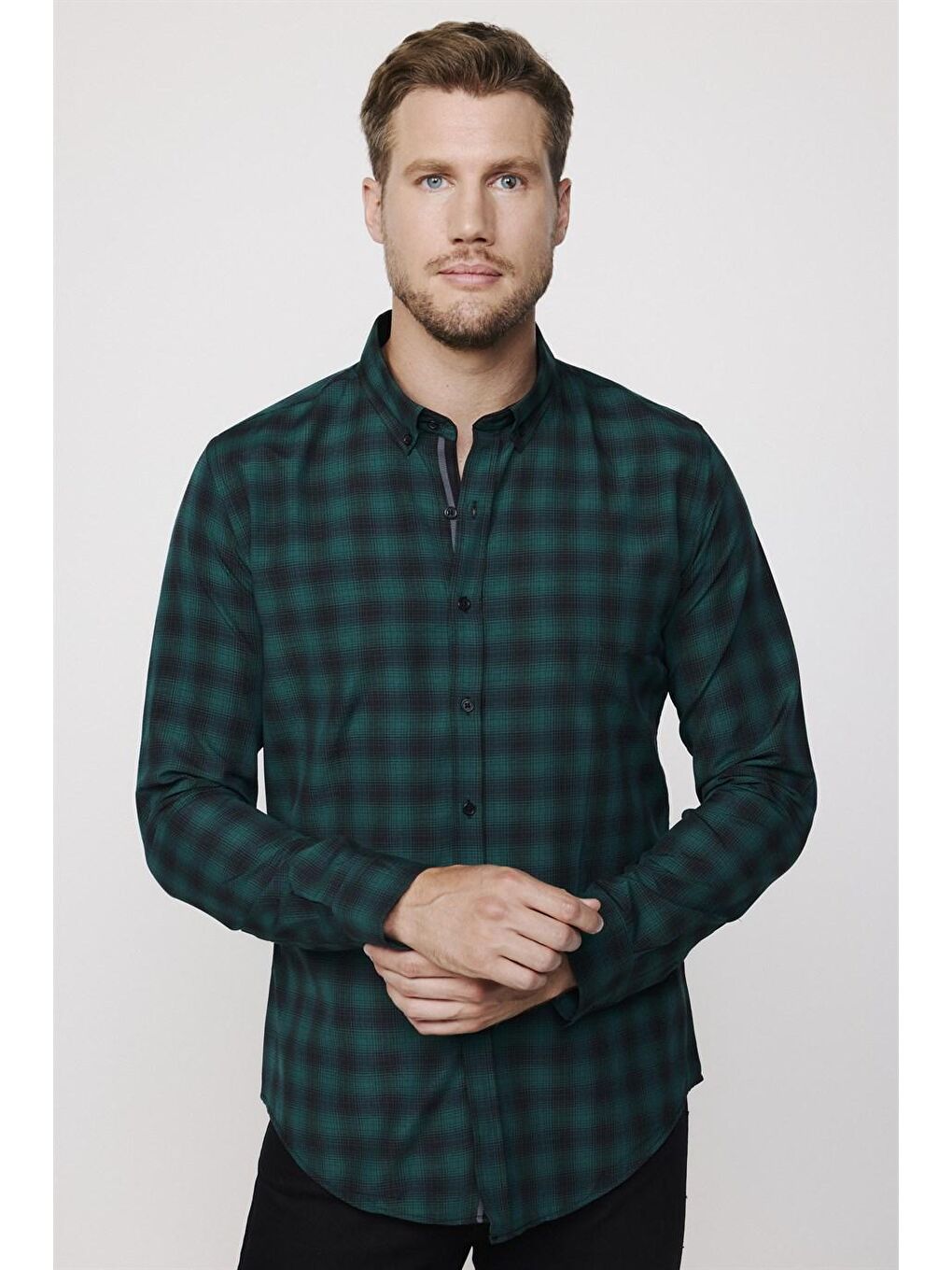 TUDORS Slim Fit Kareli Pamuklu Kolay Ütü Yeşil Erkek Gömlek