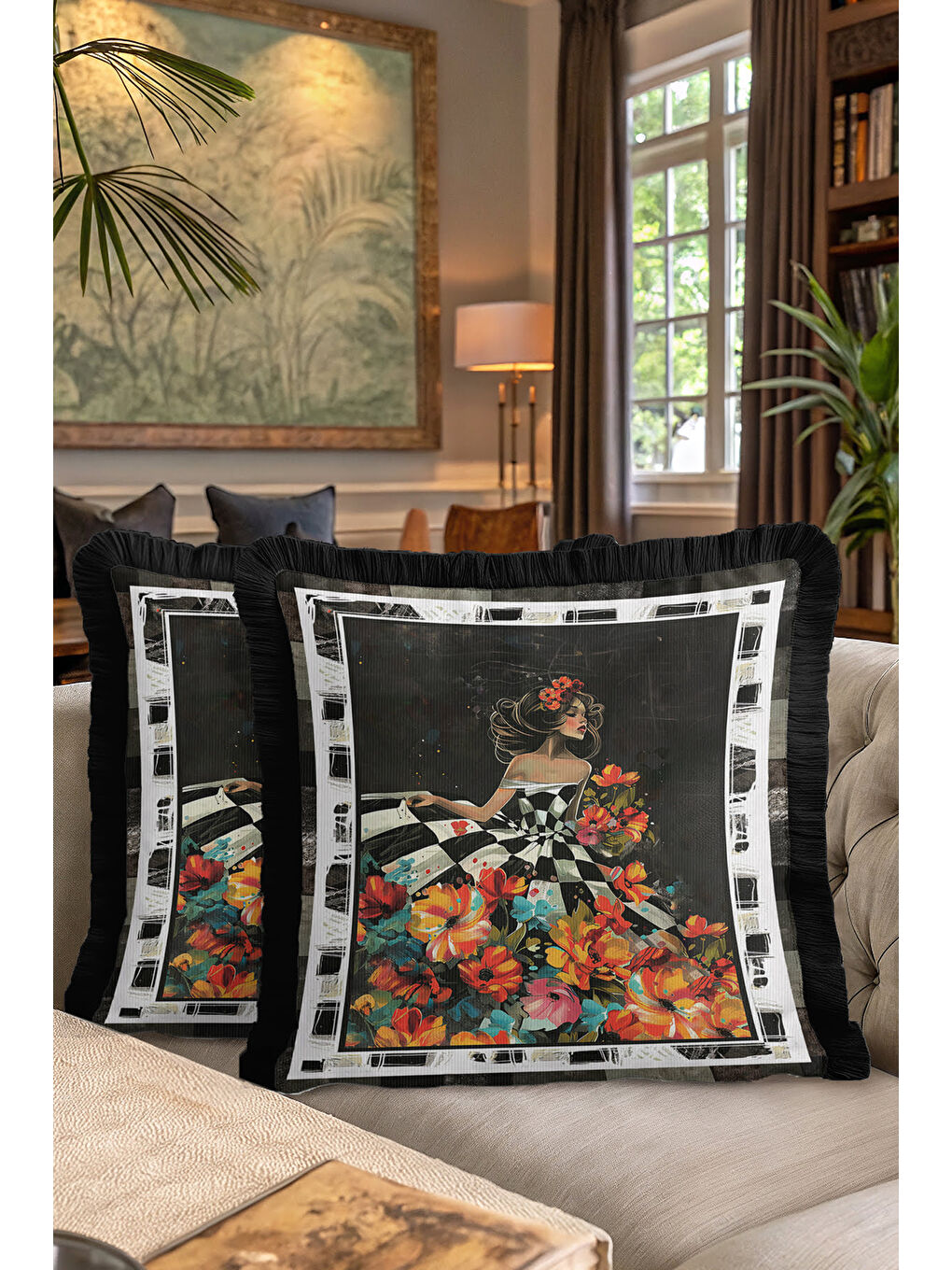 Karışık Sanatsal Figürlü Saçaklı Yastık Kılıfı - Çiçekli Bohem Siyah Altın Renkli Püsküllü Kırlent Kılıfı-7