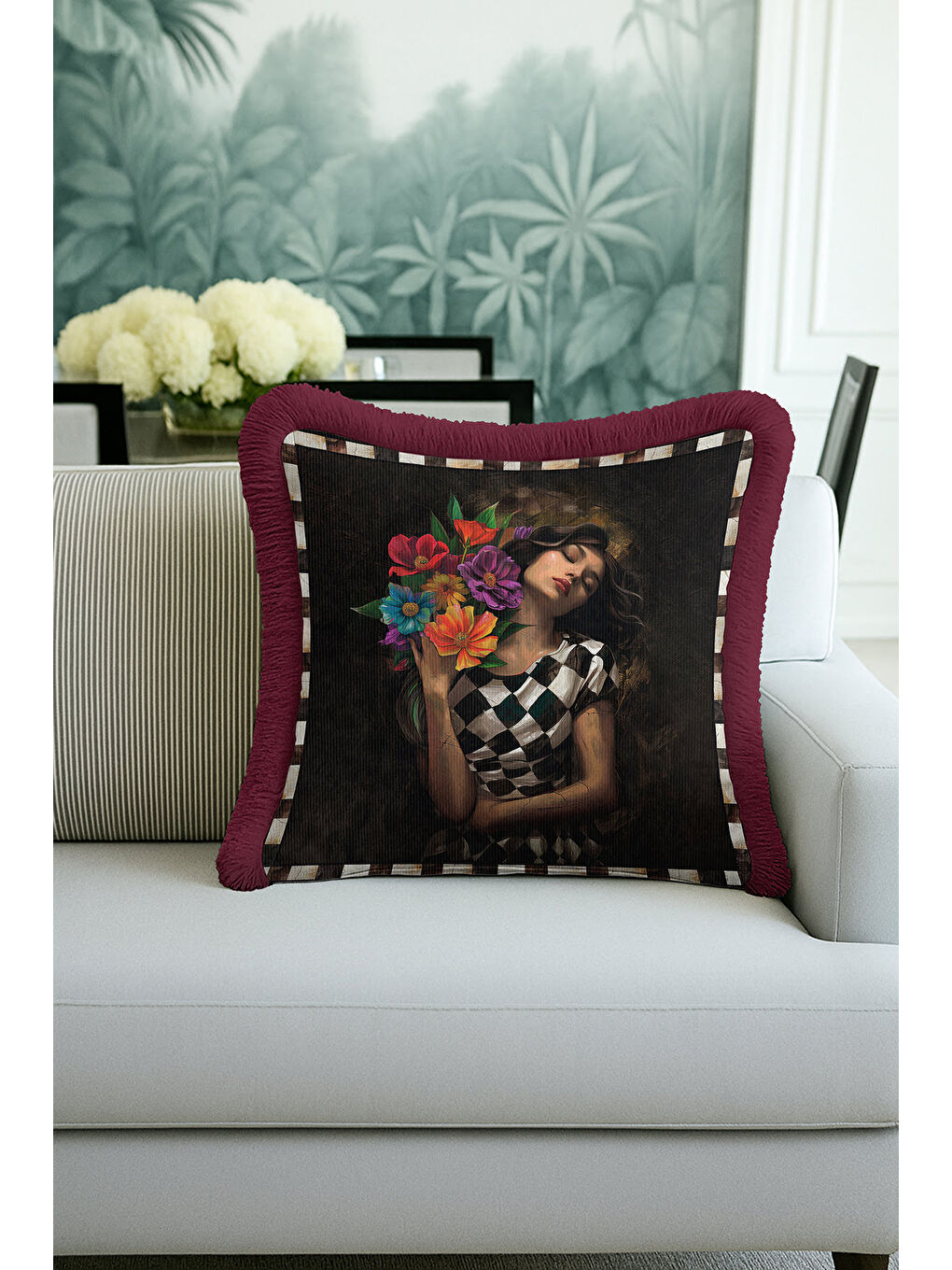 Karışık Sanatsal Zarif Moda Saçaklı Yastık Kılıfı - Romantik Vintage Bohem Bordo Püsküllü Kırlent Kılıfı-1