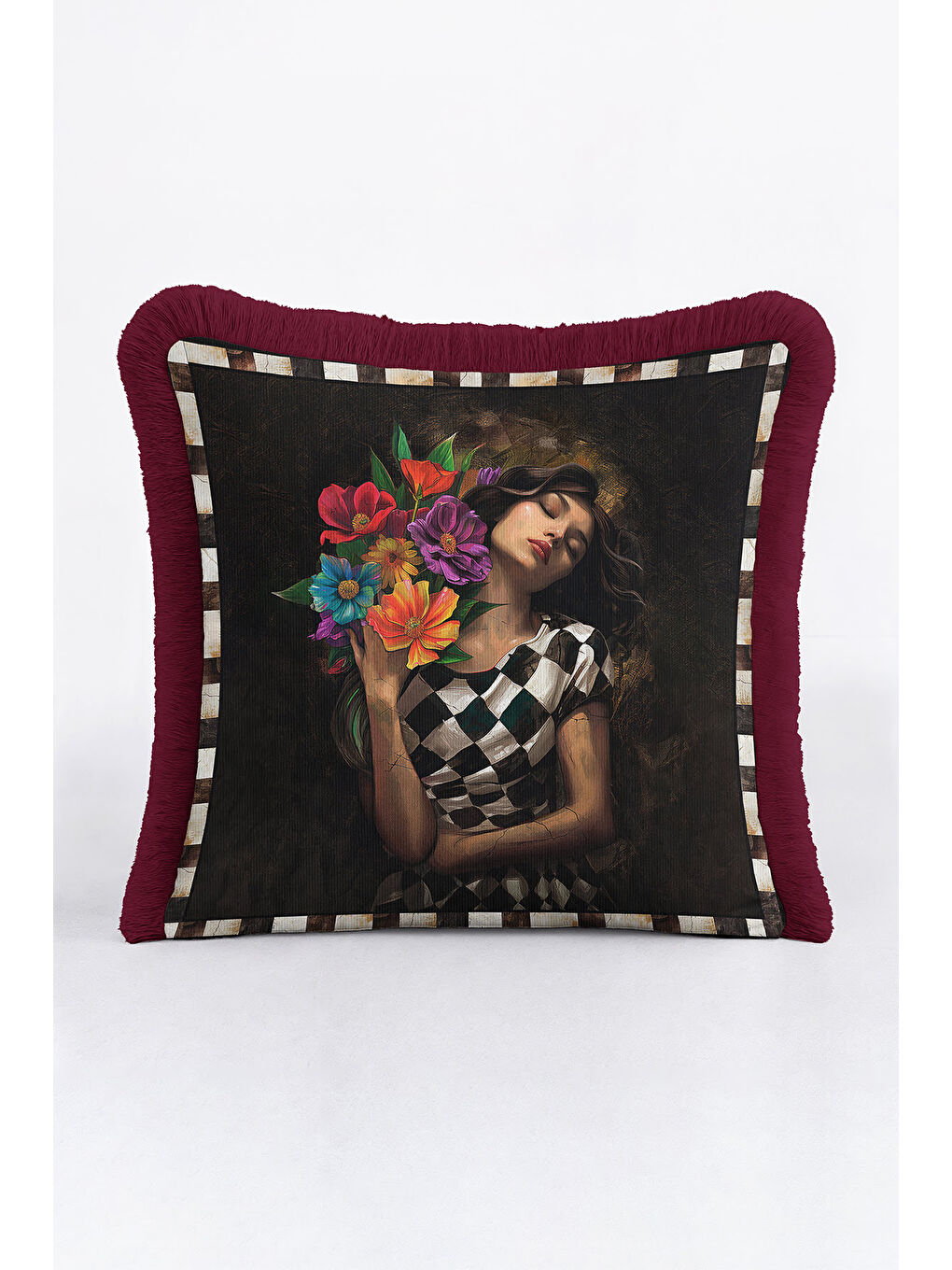 Karışık Sanatsal Zarif Moda Saçaklı Yastık Kılıfı - Romantik Vintage Bohem Bordo Püsküllü Kırlent Kılıfı-2