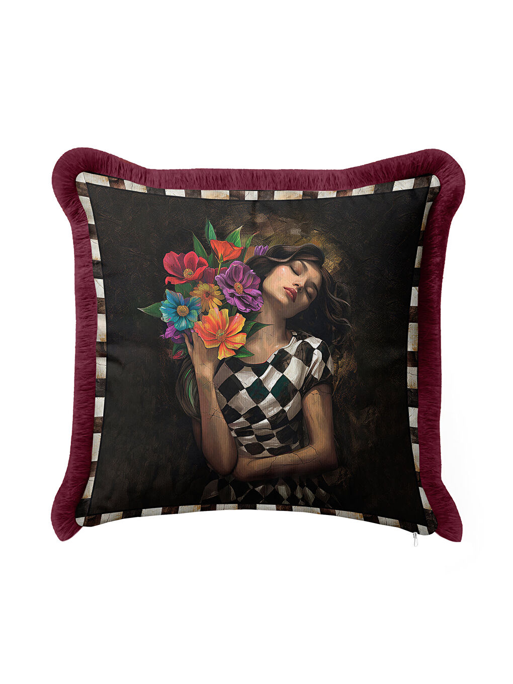 Karışık Sanatsal Zarif Moda Saçaklı Yastık Kılıfı - Romantik Vintage Bohem Bordo Püsküllü Kırlent Kılıfı-3