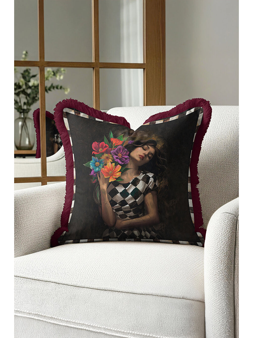 Karışık Sanatsal Zarif Moda Saçaklı Yastık Kılıfı - Romantik Vintage Bohem Bordo Püsküllü Kırlent Kılıfı-4