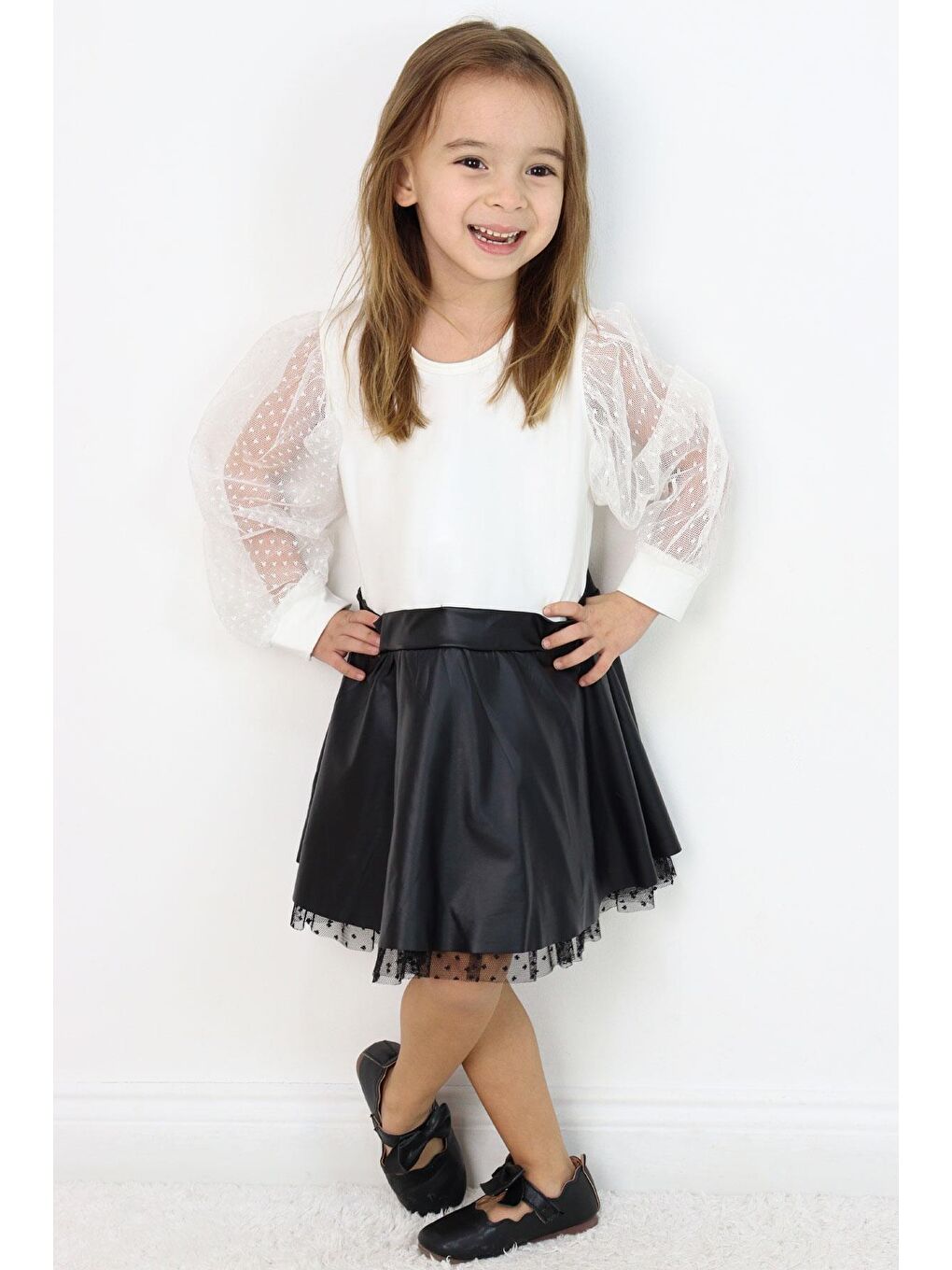 Kız Çocuk Uzun Kollu Elbise Etek Kısmı Deri Kolları Tül Detaylı Ekru (3-5 Yaş)