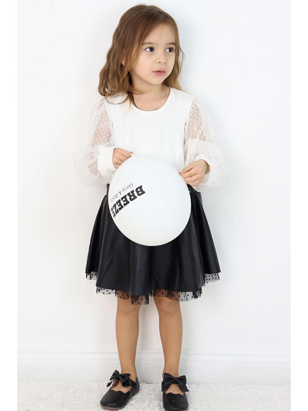 Kız Çocuk Uzun Kollu Elbise Etek Kısmı Deri Kolları Tül Detaylı Ekru (3-5 Yaş)-1
