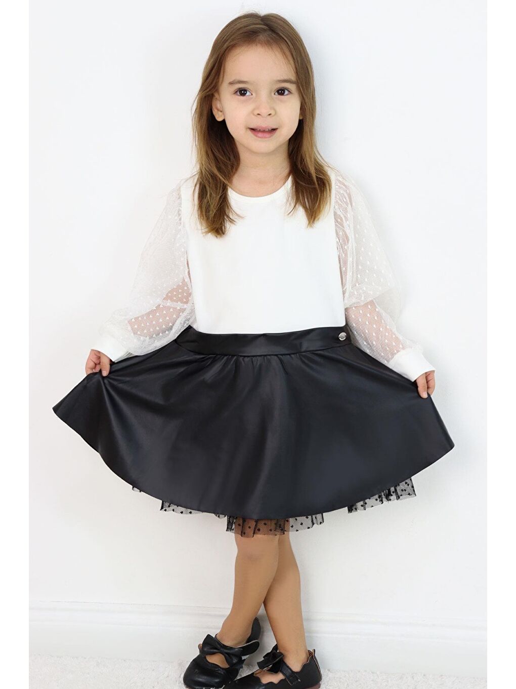 Kız Çocuk Uzun Kollu Elbise Etek Kısmı Deri Kolları Tül Detaylı Ekru (3-5 Yaş)-2