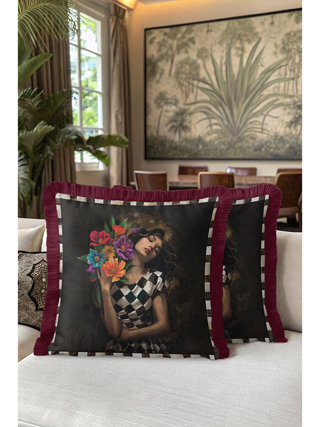 Karışık Sanatsal Zarif Moda Saçaklı Yastık Kılıfı - Romantik Vintage Bohem Bordo Püsküllü Kırlent Kılıfı-5