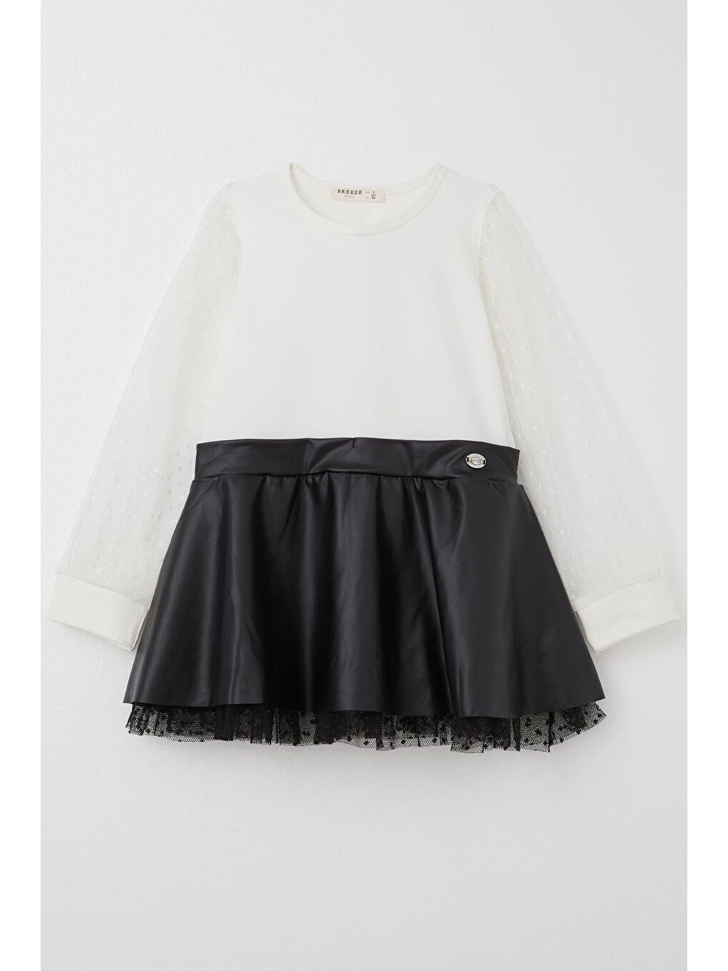 Kız Çocuk Uzun Kollu Elbise Etek Kısmı Deri Kolları Tül Detaylı Ekru (3-5 Yaş)-4