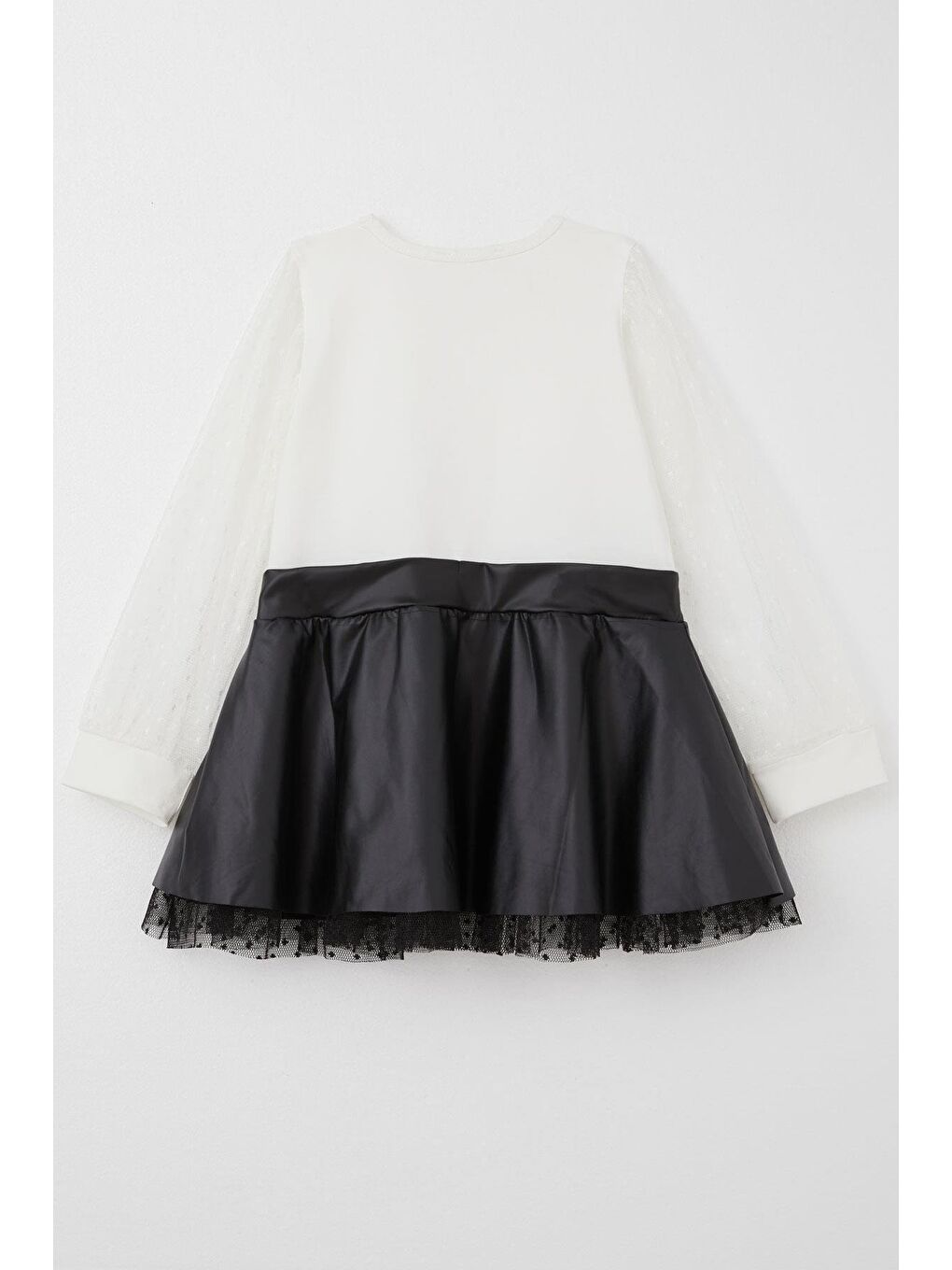 Kız Çocuk Uzun Kollu Elbise Etek Kısmı Deri Kolları Tül Detaylı Ekru (3-5 Yaş)-5