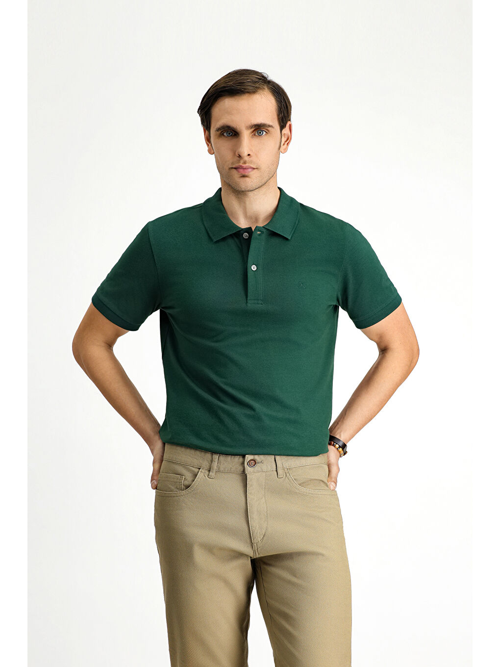 Yeşil Polo Yaka Slim Fit Dar Kesim Nakışlı Pamuk Tişört-3