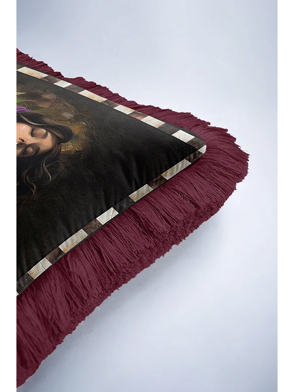 Karışık Sanatsal Zarif Moda Saçaklı Yastık Kılıfı - Romantik Vintage Bohem Bordo Püsküllü Kırlent Kılıfı-6