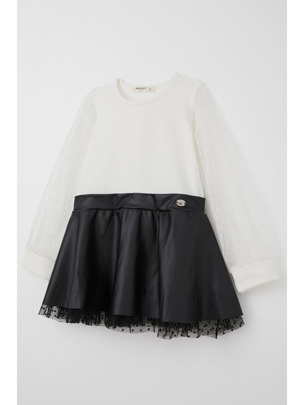 Kız Çocuk Uzun Kollu Elbise Etek Kısmı Deri Kolları Tül Detaylı Ekru (3-5 Yaş)-6