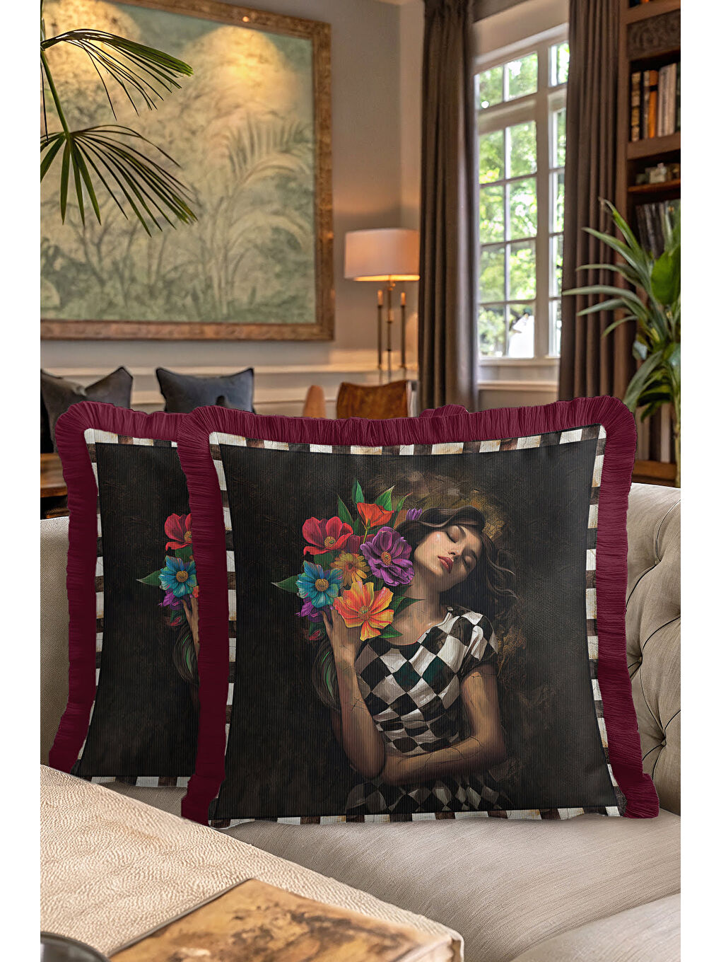 Karışık Sanatsal Zarif Moda Saçaklı Yastık Kılıfı - Romantik Vintage Bohem Bordo Püsküllü Kırlent Kılıfı-7