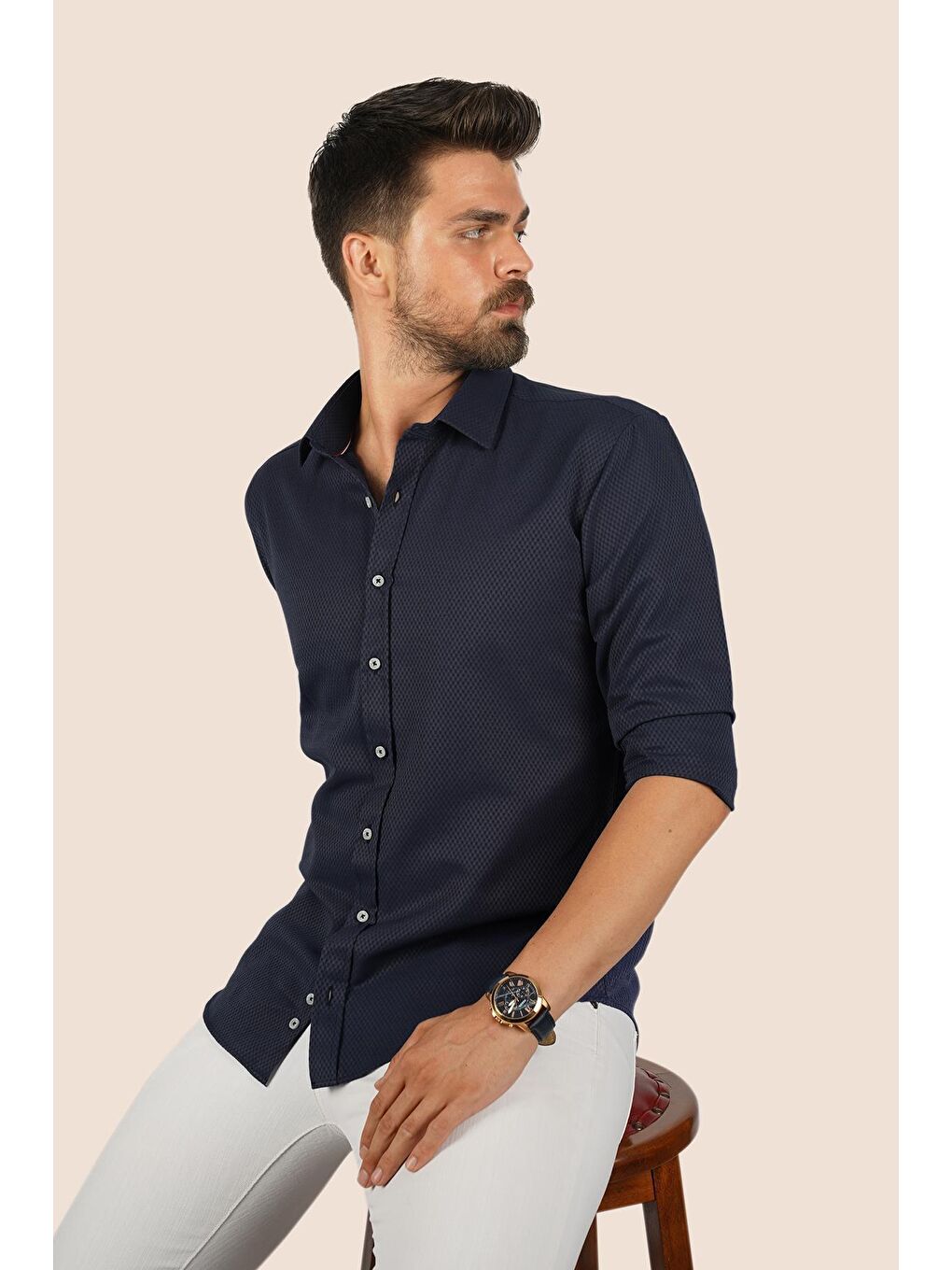Lacivert Baklava Desen Slimfit Erkek Gömlek-6