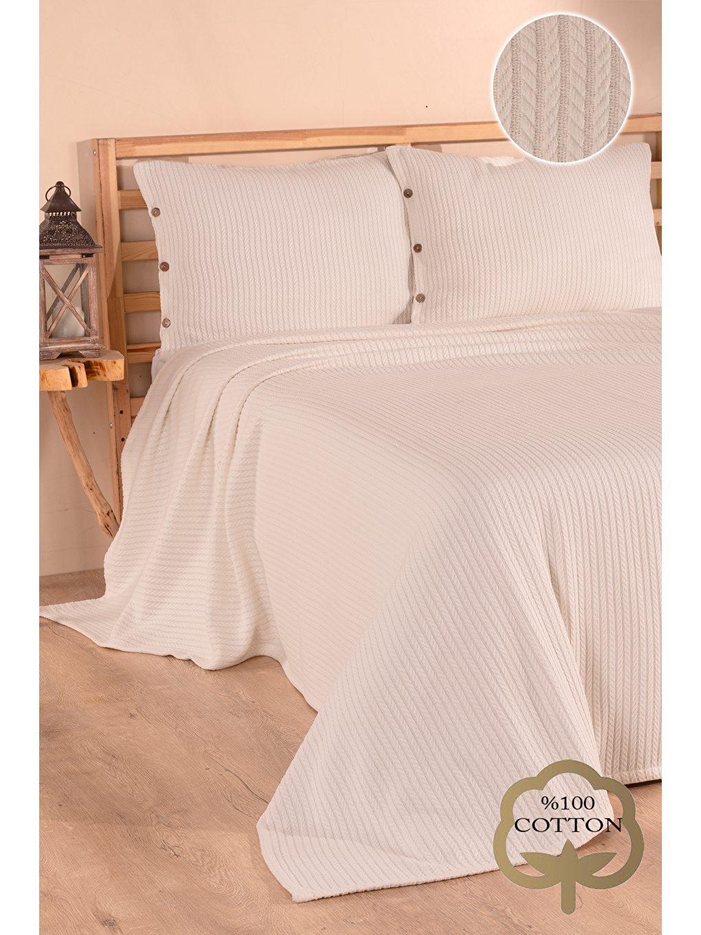 Ekru Örgü Tek Kişilik Pike Yatak Örtüsü-1