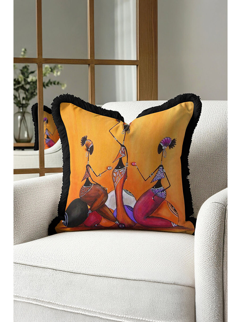 Karışık Afrika Esintili Modern Saçaklı Yastık Kılıfı - Etnik Sanat Temalı Siyah Püsküllü Kırlent Kılıfı