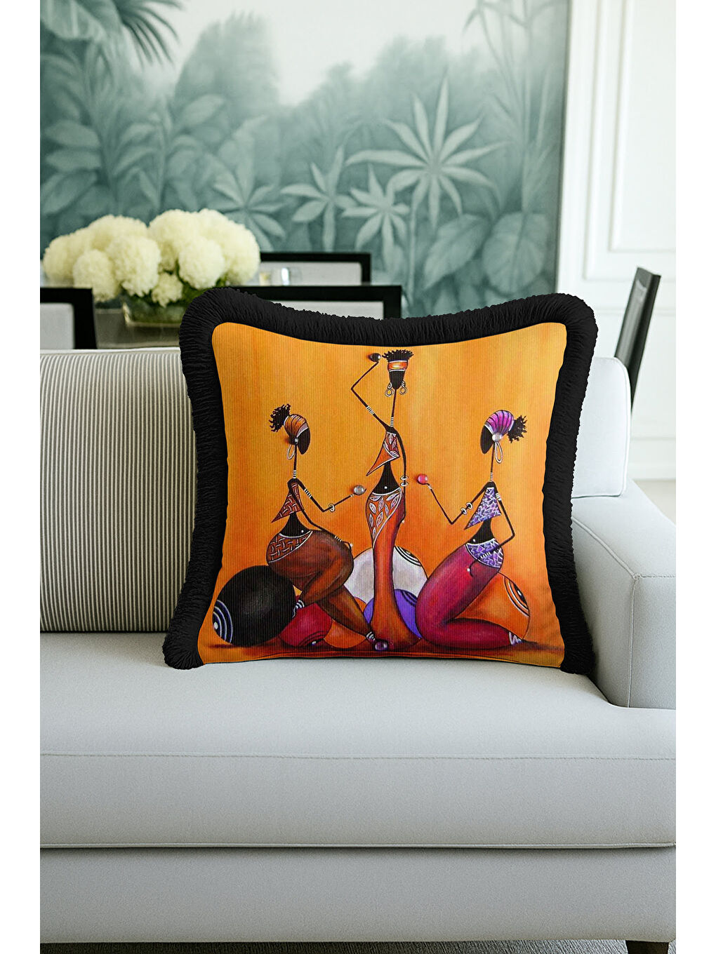 Karışık Afrika Esintili Modern Saçaklı Yastık Kılıfı - Etnik Sanat Temalı Siyah Püsküllü Kırlent Kılıfı-1