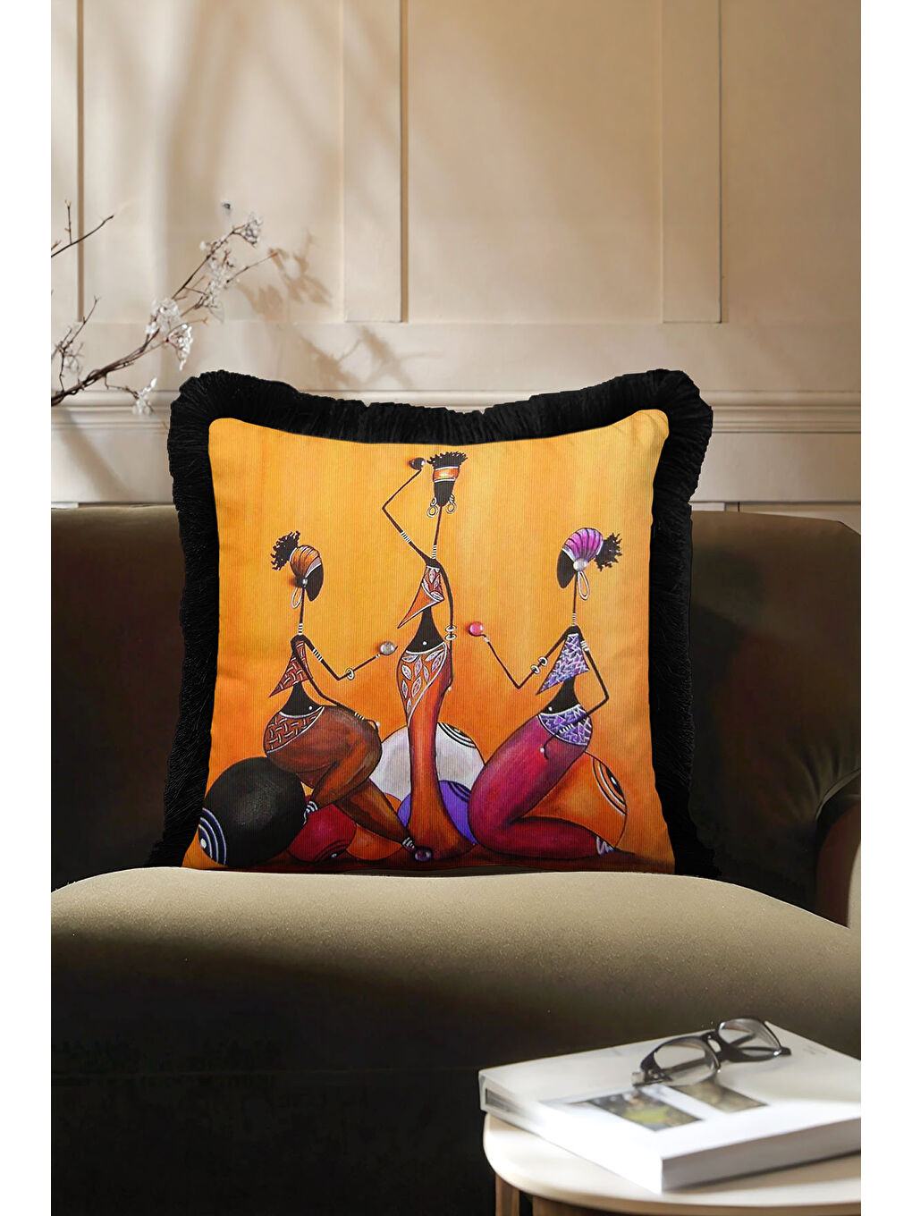 Karışık Afrika Esintili Modern Saçaklı Yastık Kılıfı - Etnik Sanat Temalı Siyah Püsküllü Kırlent Kılıfı-2