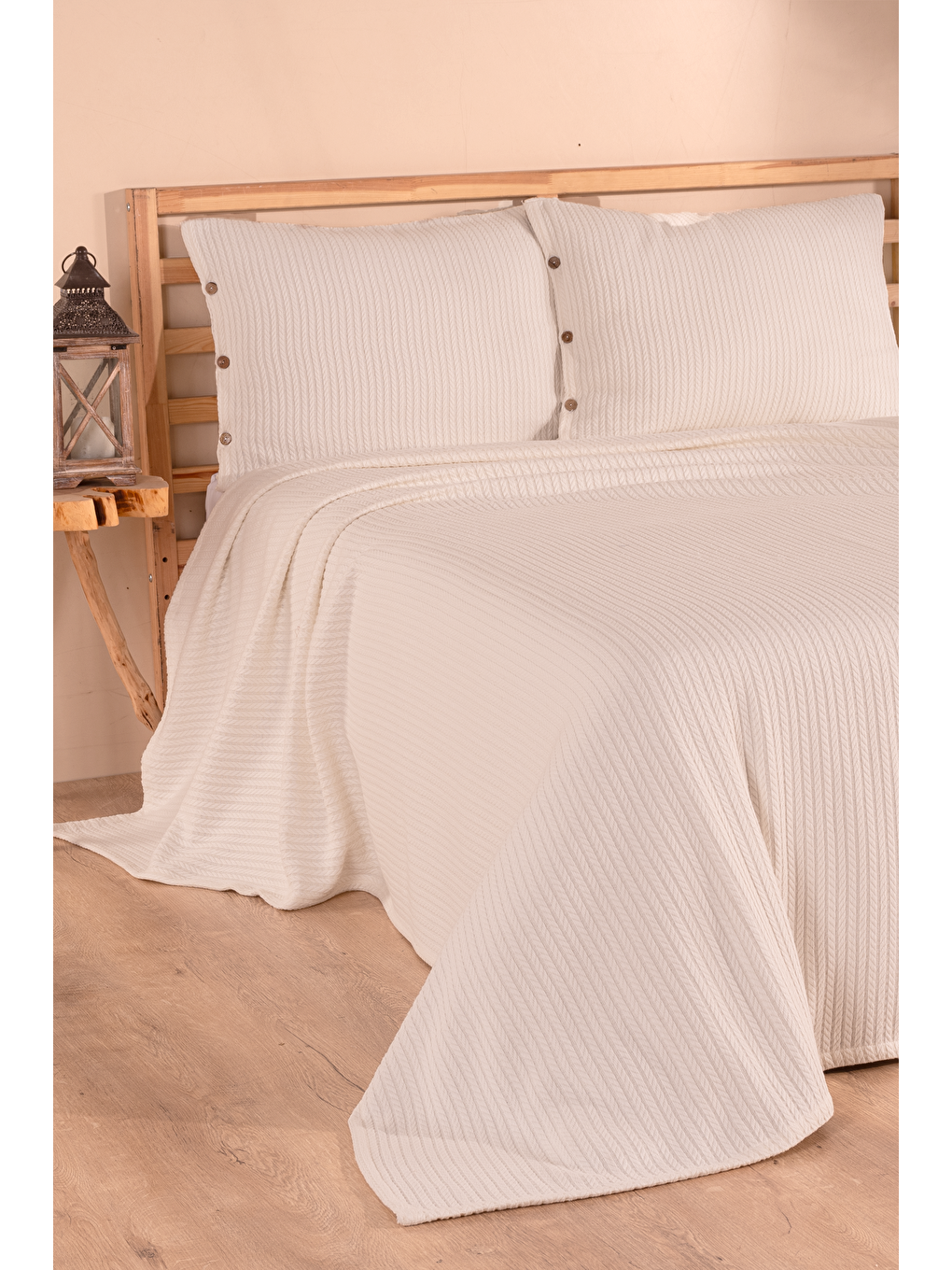 Ekru Örgü Tek Kişilik Pike Yatak Örtüsü-4