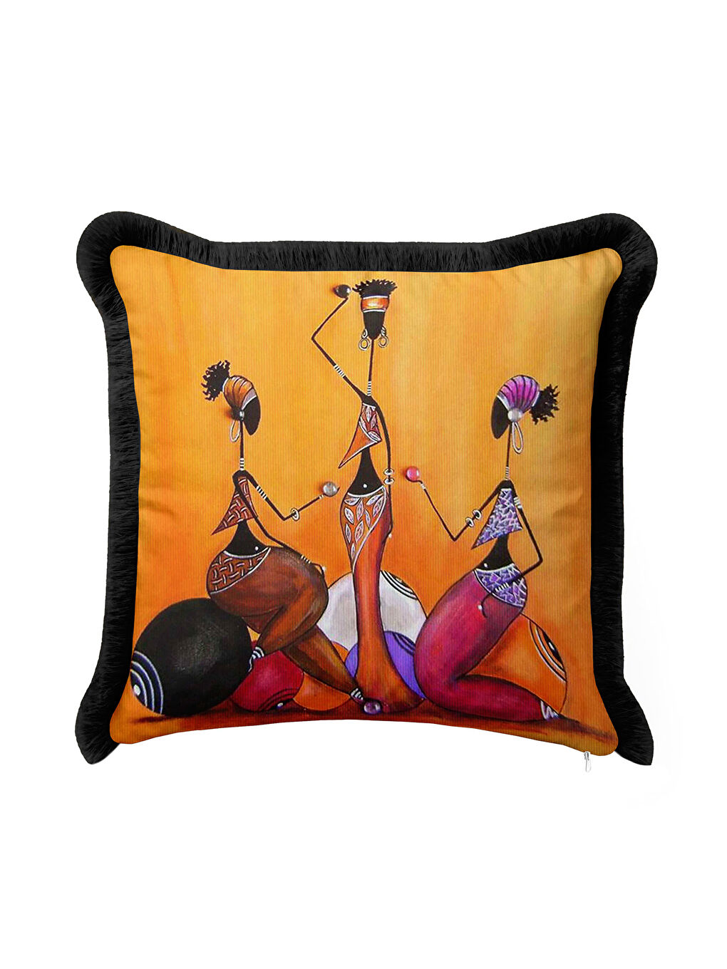Karışık Afrika Esintili Modern Saçaklı Yastık Kılıfı - Etnik Sanat Temalı Siyah Püsküllü Kırlent Kılıfı-3