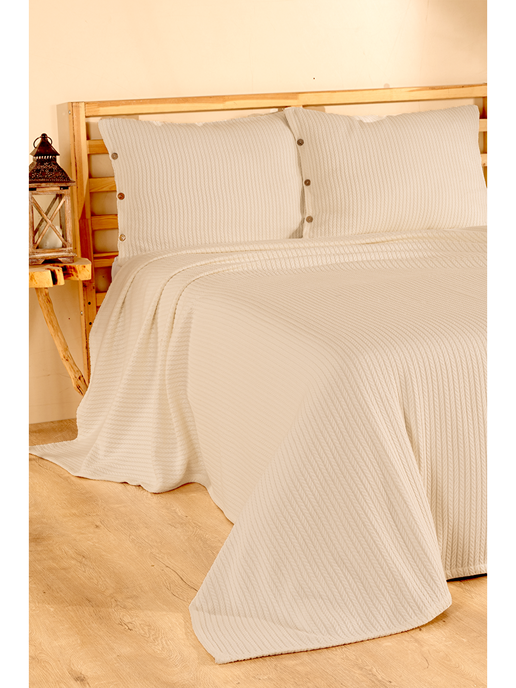 Ekru Örgü Tek Kişilik Pike Yatak Örtüsü-5