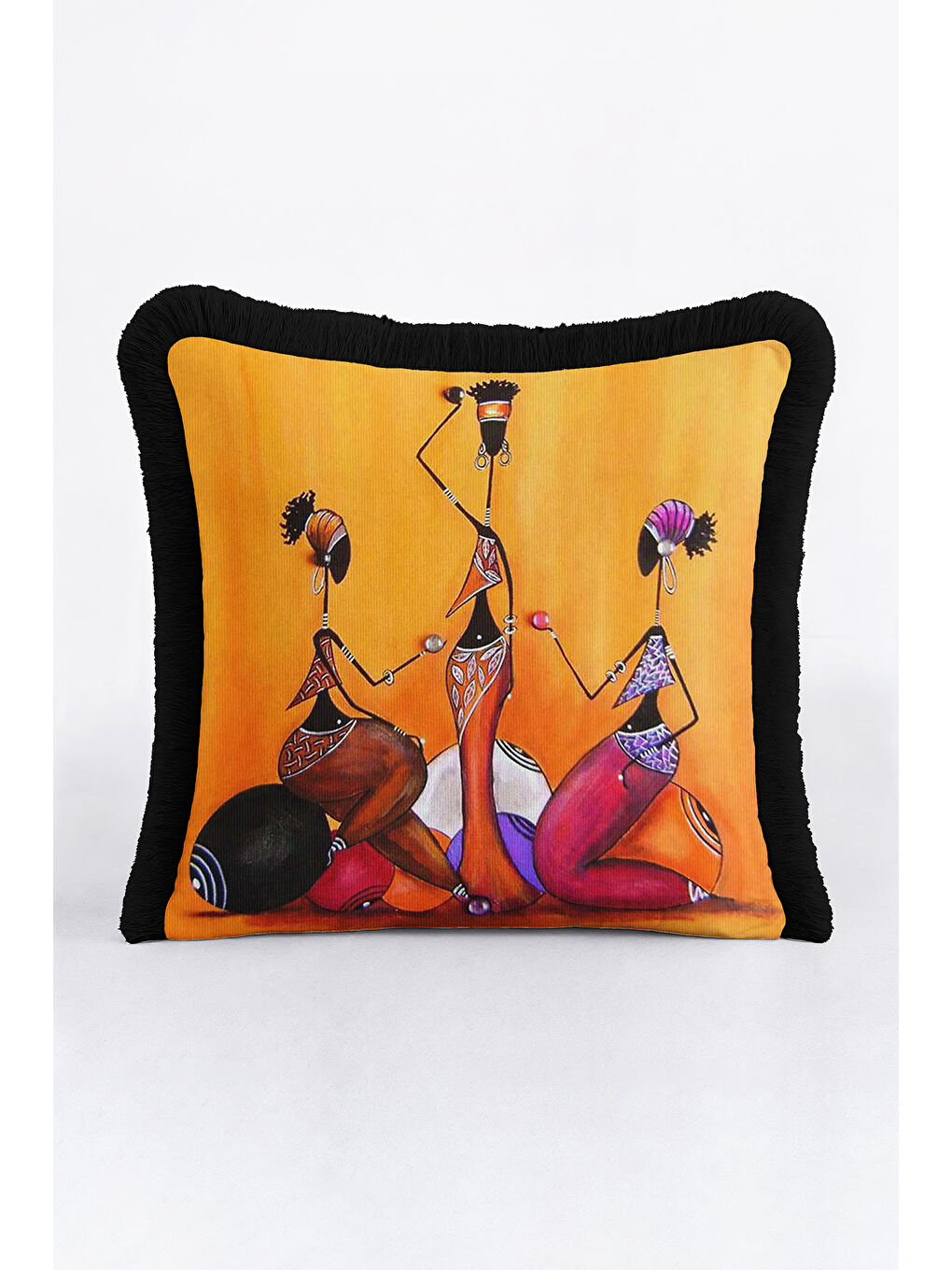 Karışık Afrika Esintili Modern Saçaklı Yastık Kılıfı - Etnik Sanat Temalı Siyah Püsküllü Kırlent Kılıfı-4