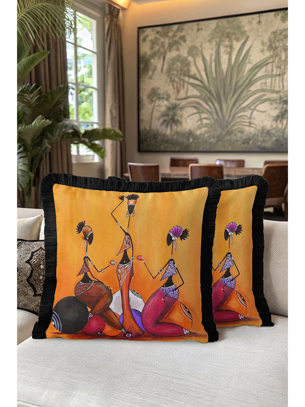 Karışık Afrika Esintili Modern Saçaklı Yastık Kılıfı - Etnik Sanat Temalı Siyah Püsküllü Kırlent Kılıfı-5