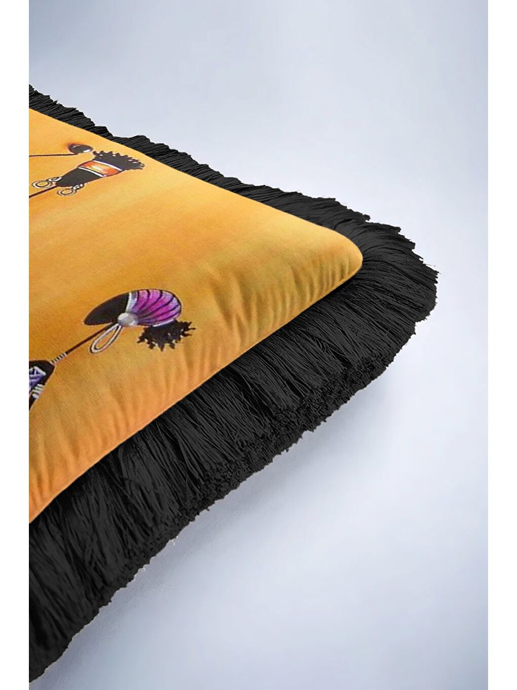 Karışık Afrika Esintili Modern Saçaklı Yastık Kılıfı - Etnik Sanat Temalı Siyah Püsküllü Kırlent Kılıfı-6