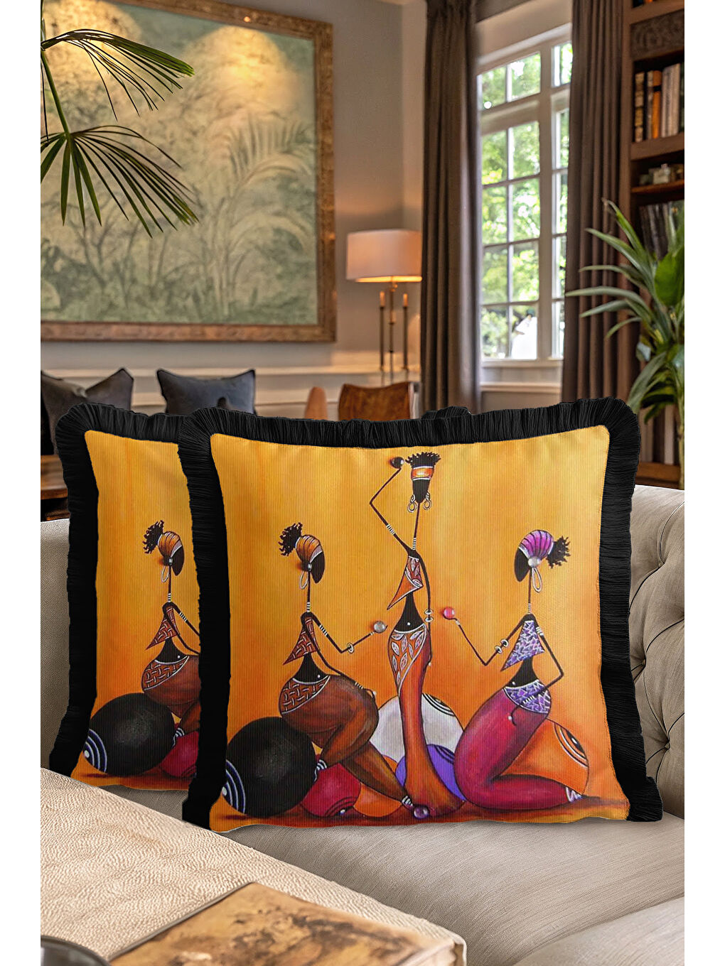 Karışık Afrika Esintili Modern Saçaklı Yastık Kılıfı - Etnik Sanat Temalı Siyah Püsküllü Kırlent Kılıfı-7