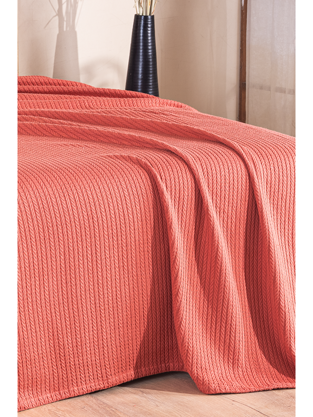 Kahverengi Kiremit Örgü Tek Kişilik Pike Yatak Örtüsü-2