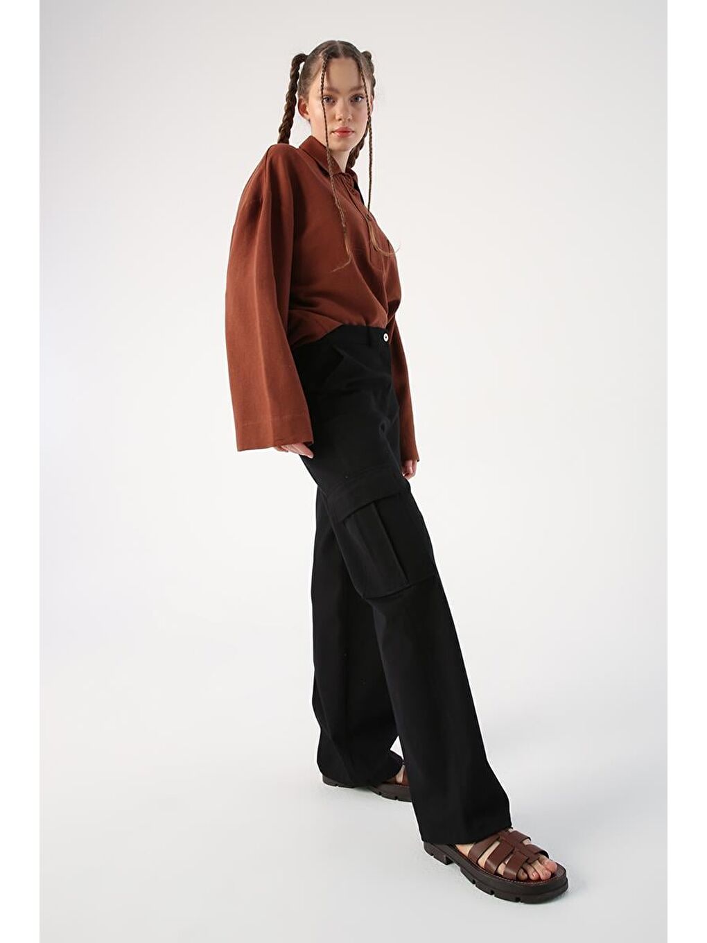 Siyah-Pamuklu Kargo Cepli Bol Paça Pantolon