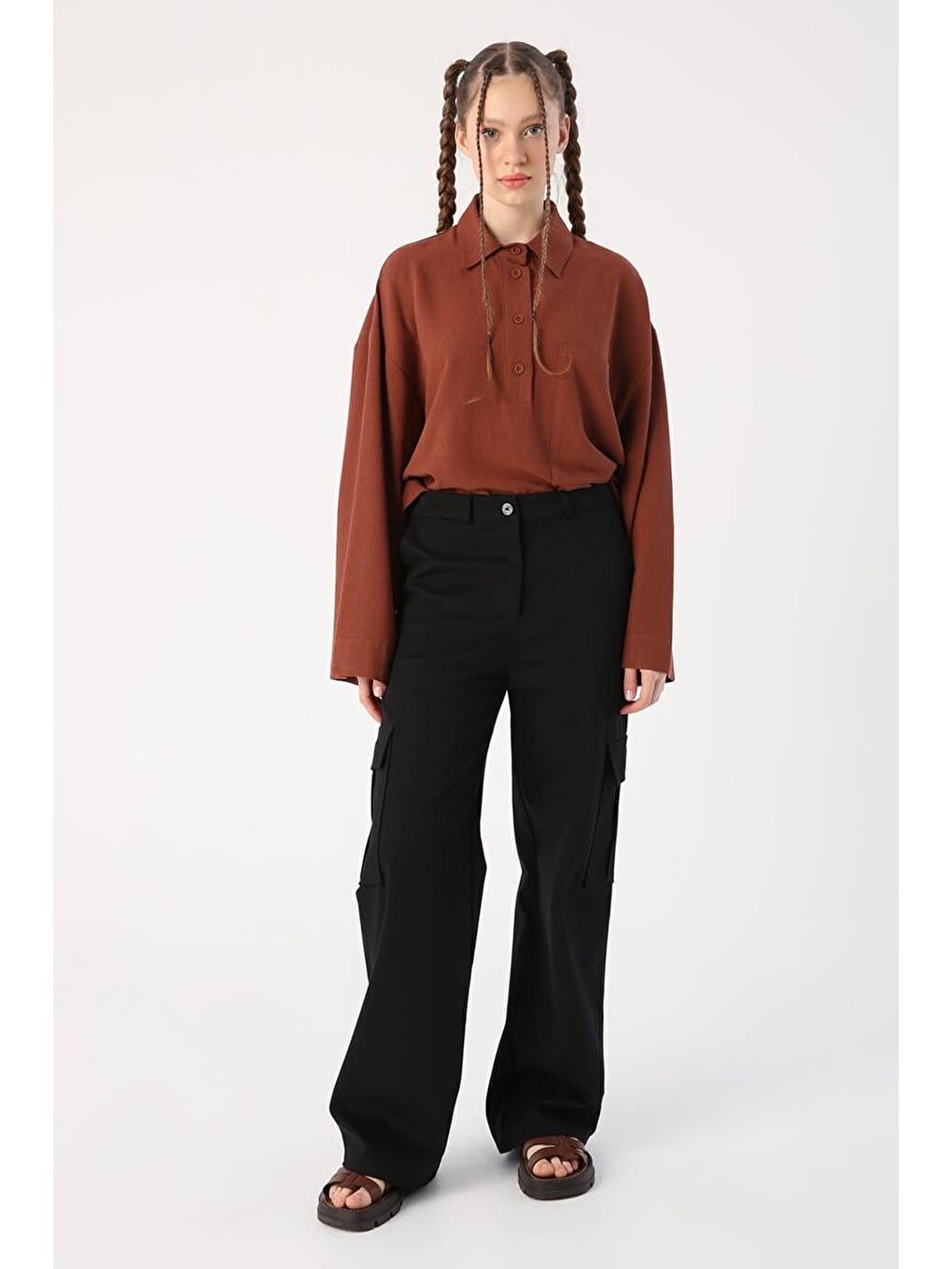 Siyah-Pamuklu Kargo Cepli Bol Paça Pantolon-1