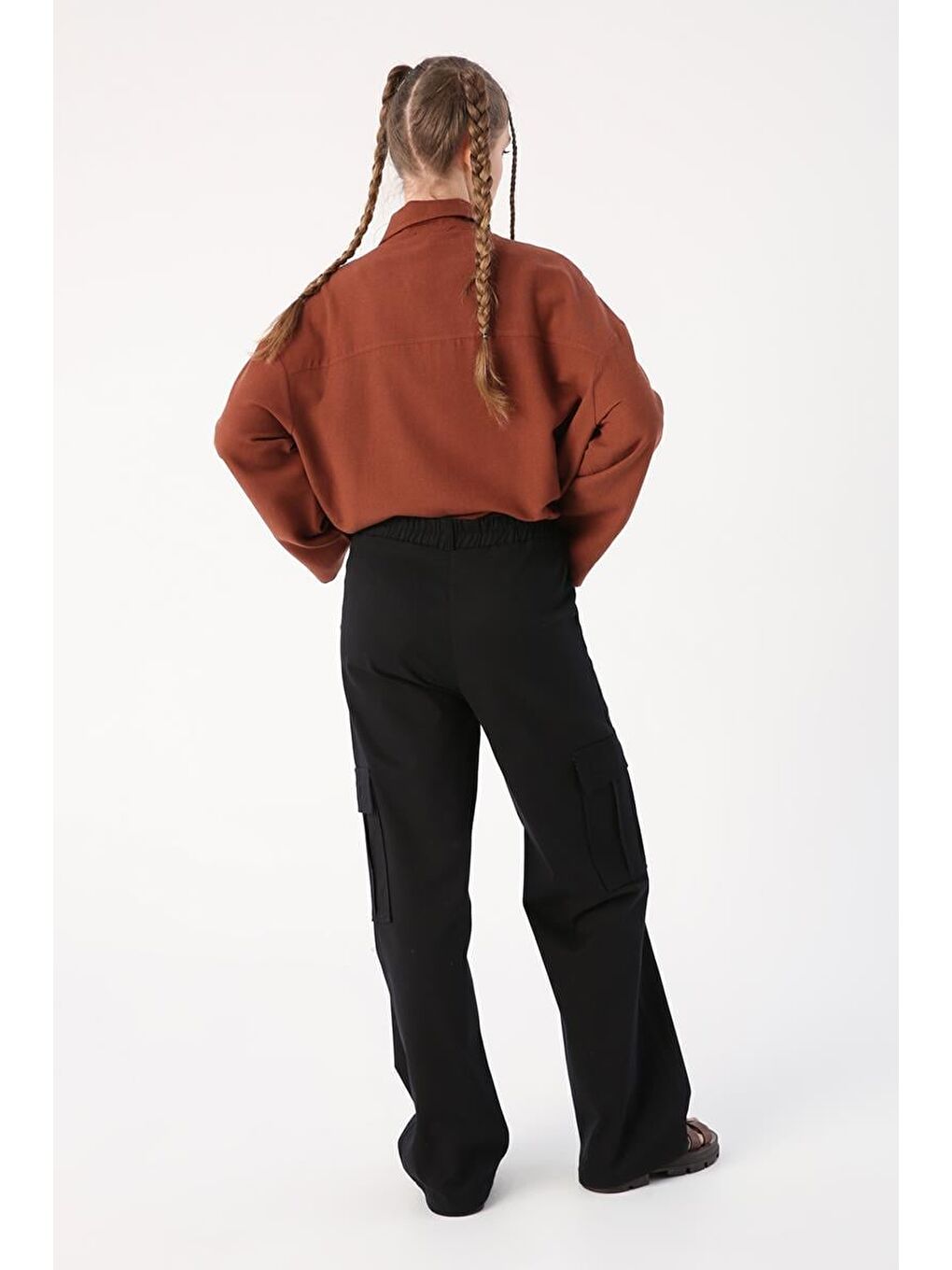 Siyah-Pamuklu Kargo Cepli Bol Paça Pantolon-3