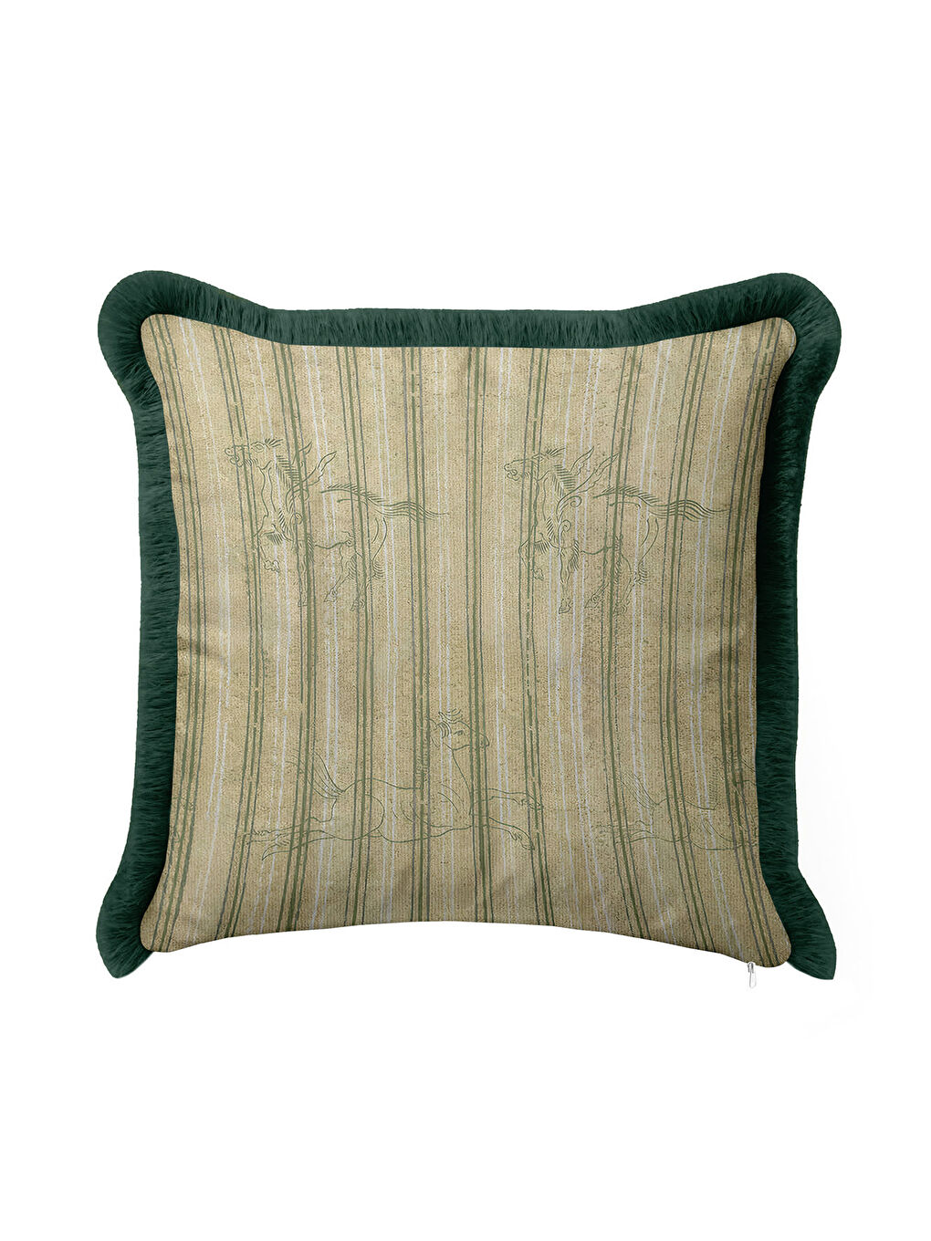 Karışık Zarif Çizgili At Figürlü Saçaklı Yastık Kılıfı - Doğal Yeşil Çizgi Rustik Püsküllü Kırlent Kılıfı-1