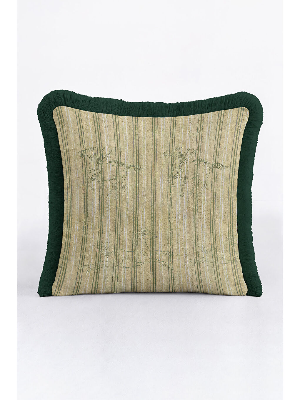Karışık Zarif Çizgili At Figürlü Saçaklı Yastık Kılıfı - Doğal Yeşil Çizgi Rustik Püsküllü Kırlent Kılıfı-2