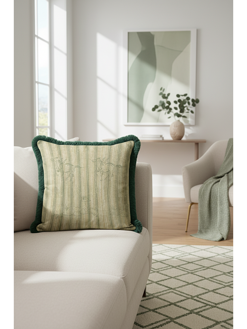 Karışık Zarif Çizgili At Figürlü Saçaklı Yastık Kılıfı - Doğal Yeşil Çizgi Rustik Püsküllü Kırlent Kılıfı-3