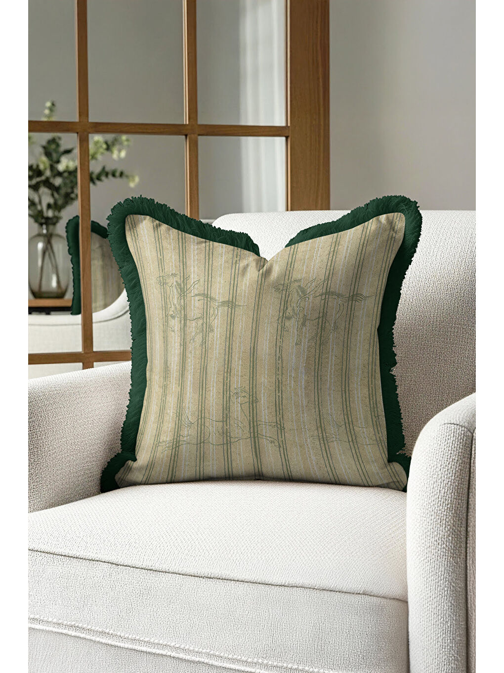 Karışık Zarif Çizgili At Figürlü Saçaklı Yastık Kılıfı - Doğal Yeşil Çizgi Rustik Püsküllü Kırlent Kılıfı-4