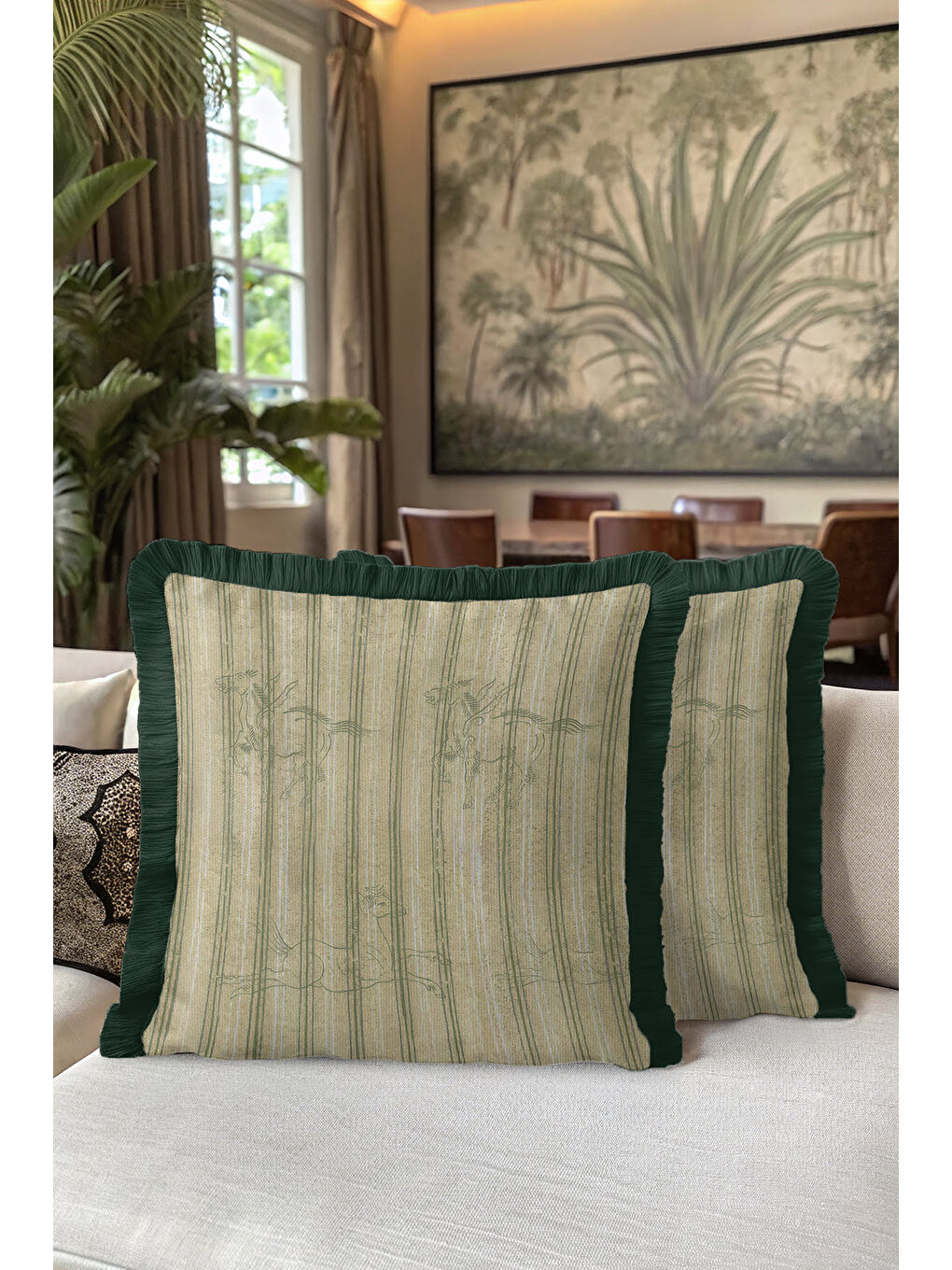 Karışık Zarif Çizgili At Figürlü Saçaklı Yastık Kılıfı - Doğal Yeşil Çizgi Rustik Püsküllü Kırlent Kılıfı-5
