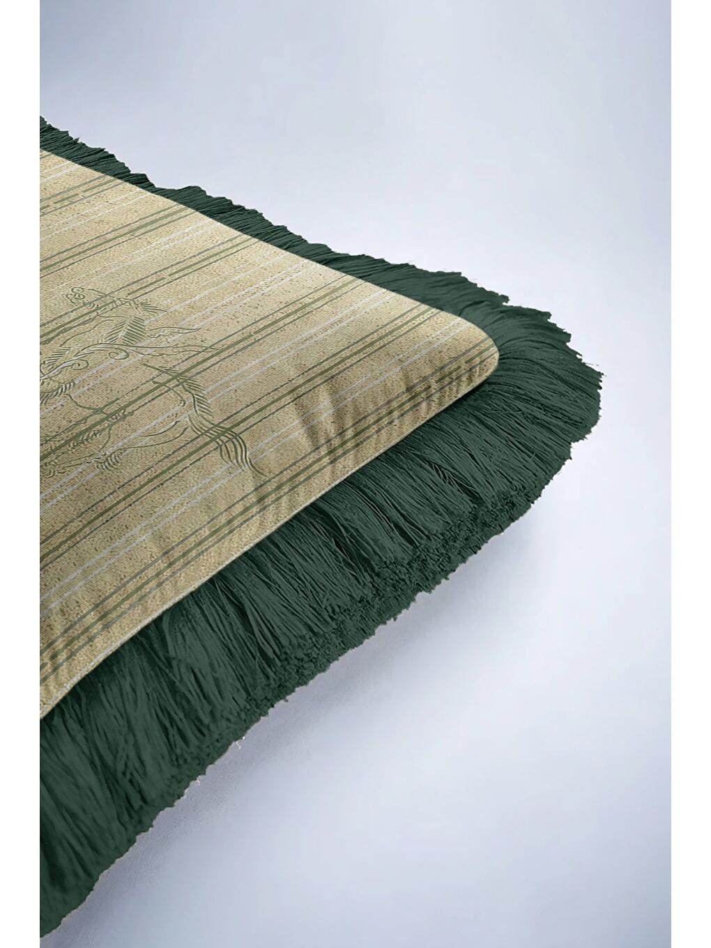 Karışık Zarif Çizgili At Figürlü Saçaklı Yastık Kılıfı - Doğal Yeşil Çizgi Rustik Püsküllü Kırlent Kılıfı-6